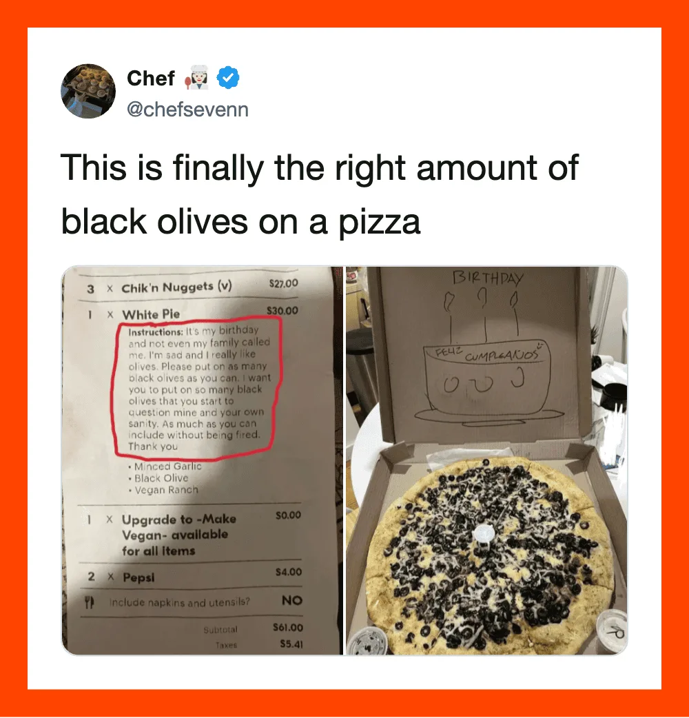 A pizza with black olives and a handwritten birthday card with a cake drawing.