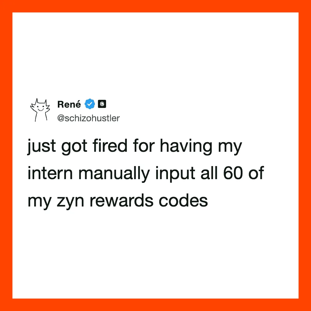 Tweet by René about being fired for manually inputting 60 Zynga rewards codes.