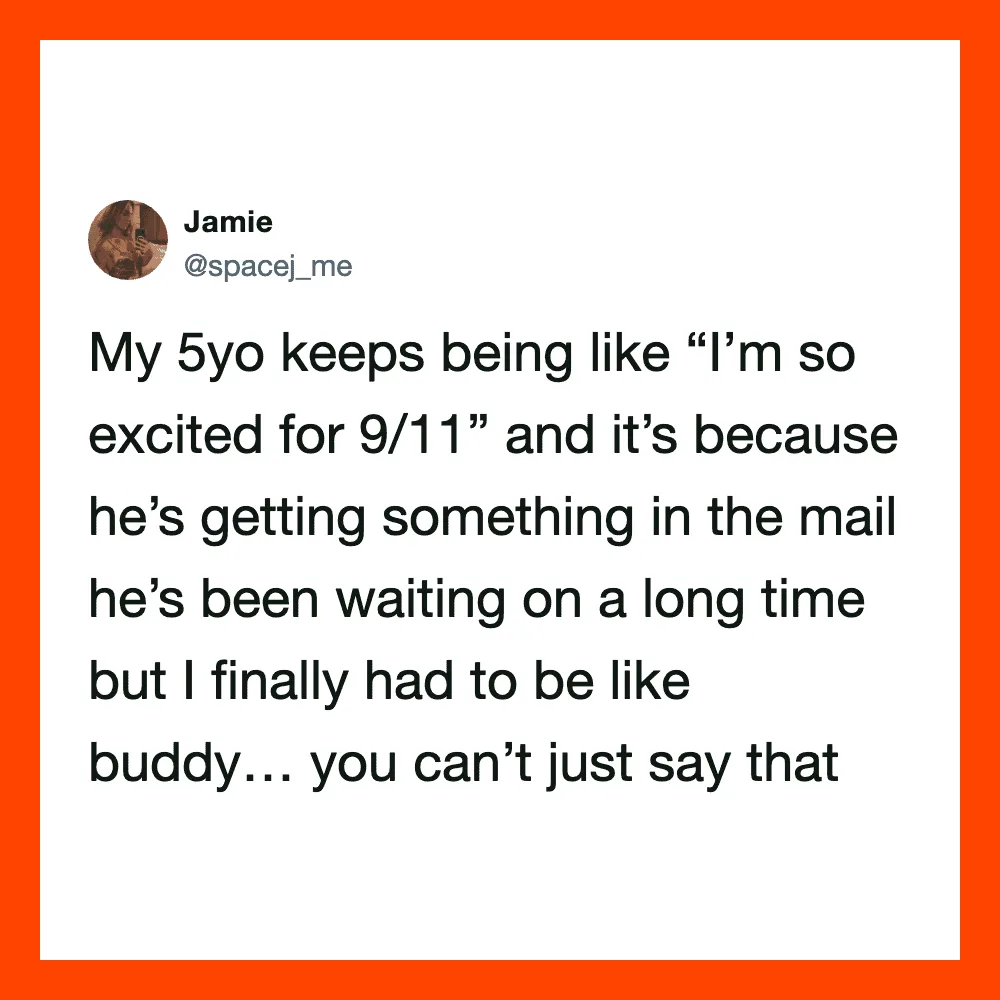 A tweet from Jamie about her 5-year-old excited for 9/11 due to mail.