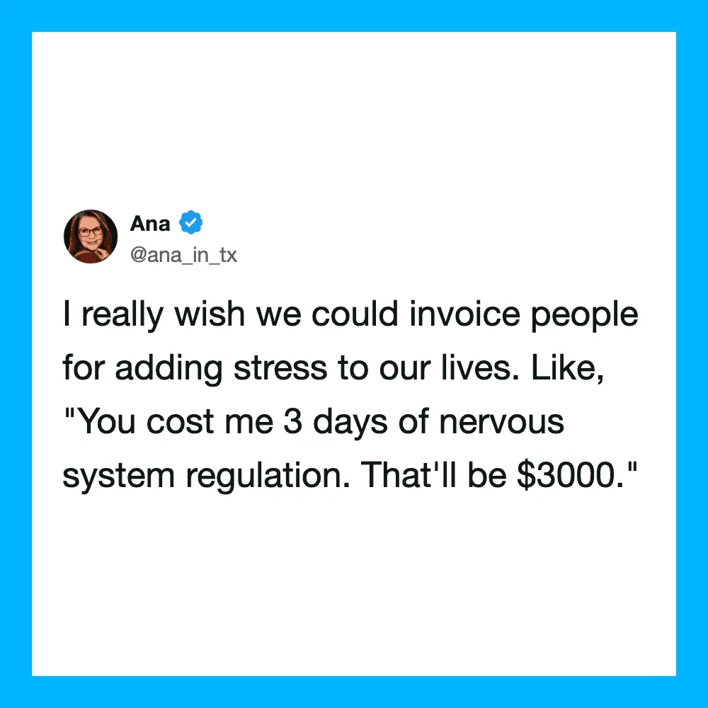 A tweet by Ana about invoicing stress and nervous system regulation costs.