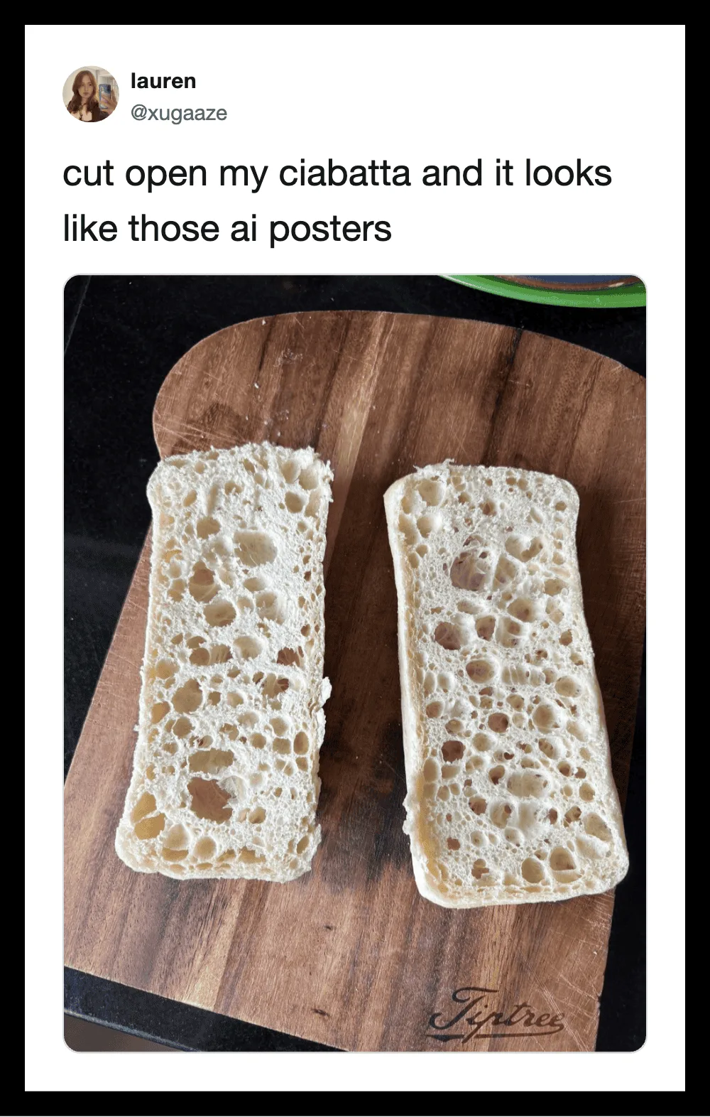 Two slices of ciabatta bread on a wooden cutting board, resembling AI posters.