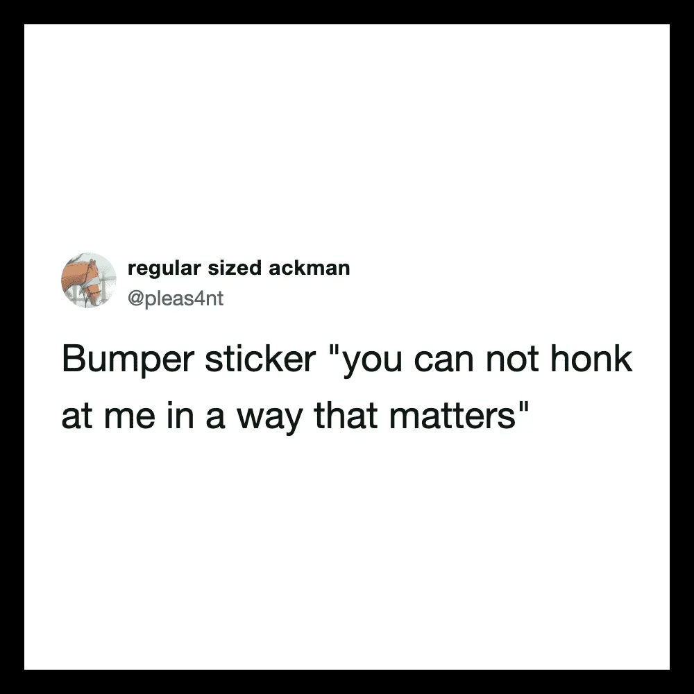 Bumper sticker quote: "you can not honk at me in a way that matters".