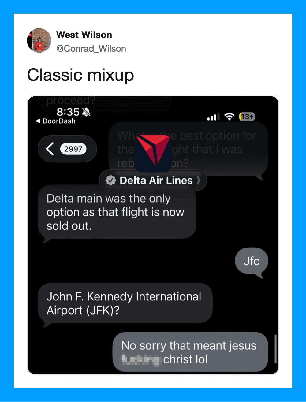 Screenshot of a chat conversation about Delta Air Lines and JFK airport.