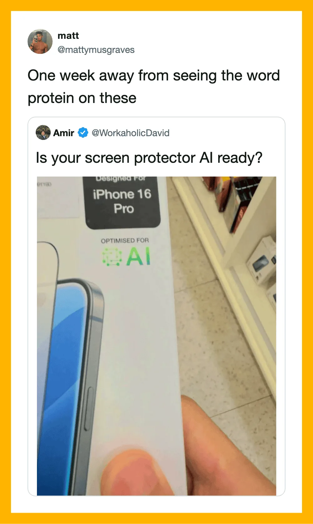 A person holding an iPhone 16 Pro box with 'Optimized for AI' label, in a store.