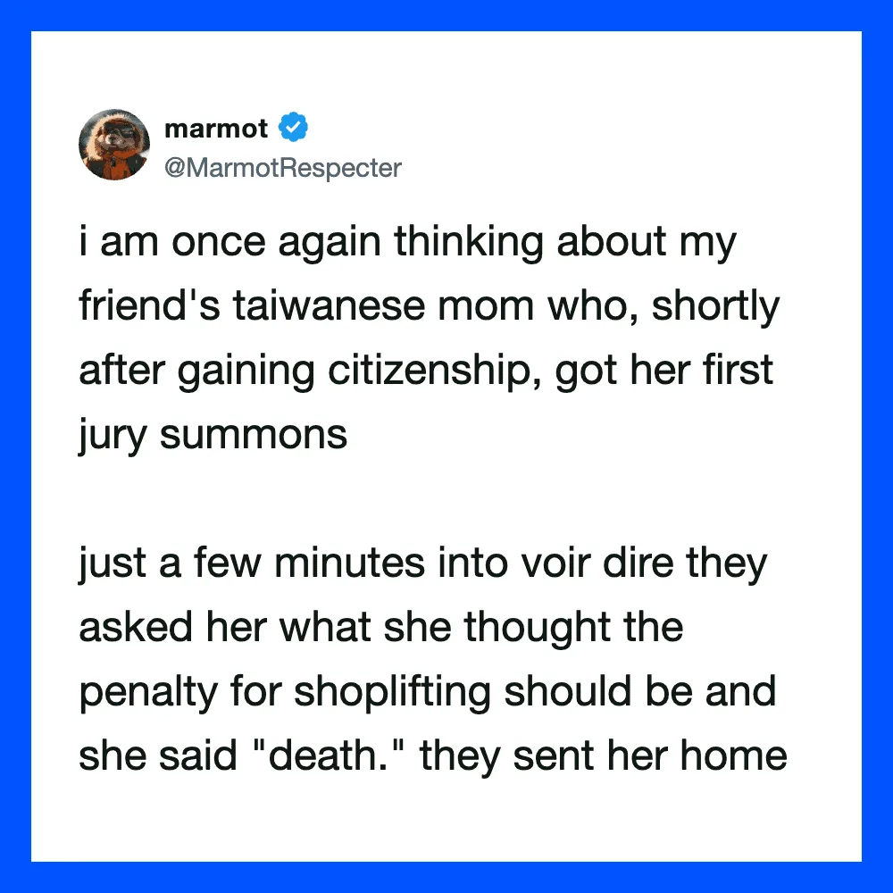 Twitter post about Taiwanese mom's jury summons and her death sentence comment.