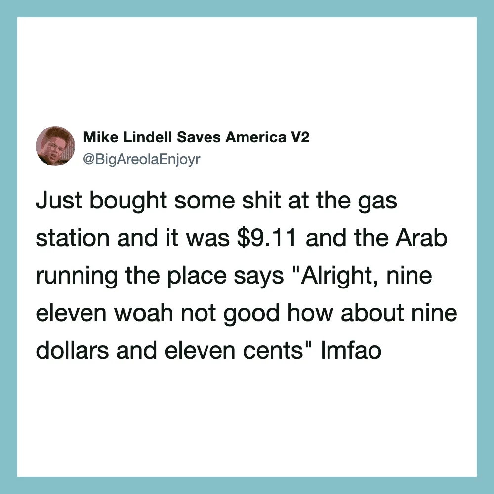 Twitter post by Mike Lindell about gas station price and Arab cashier.