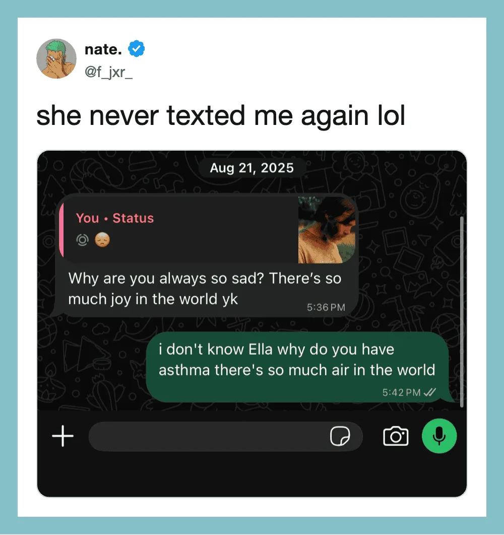 Screenshot of a WhatsApp chat with a sad emoji and a humorous reply about asthma and air.