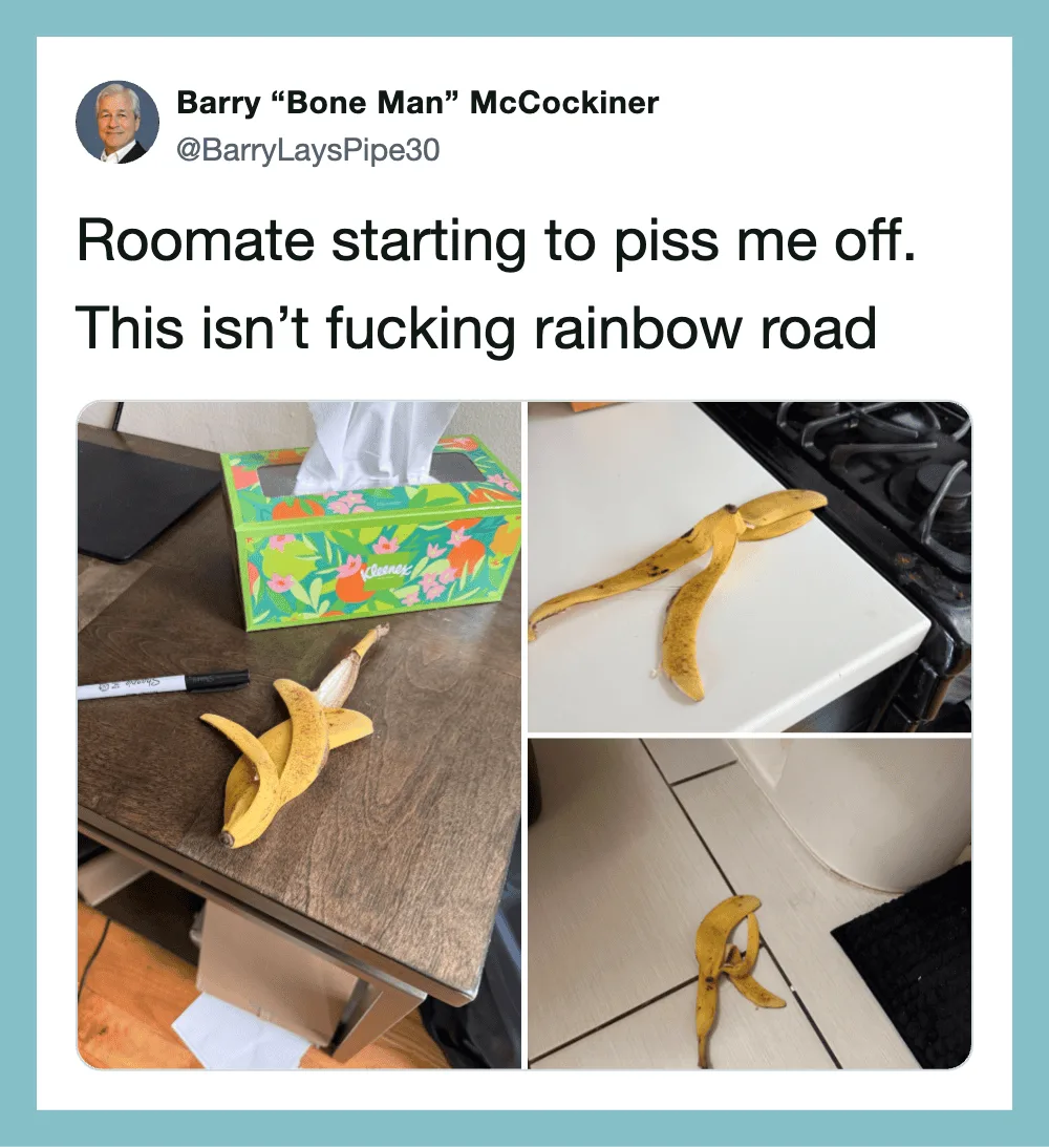 Tweet by Barry McCockiner about a banana on a table and kitchen.