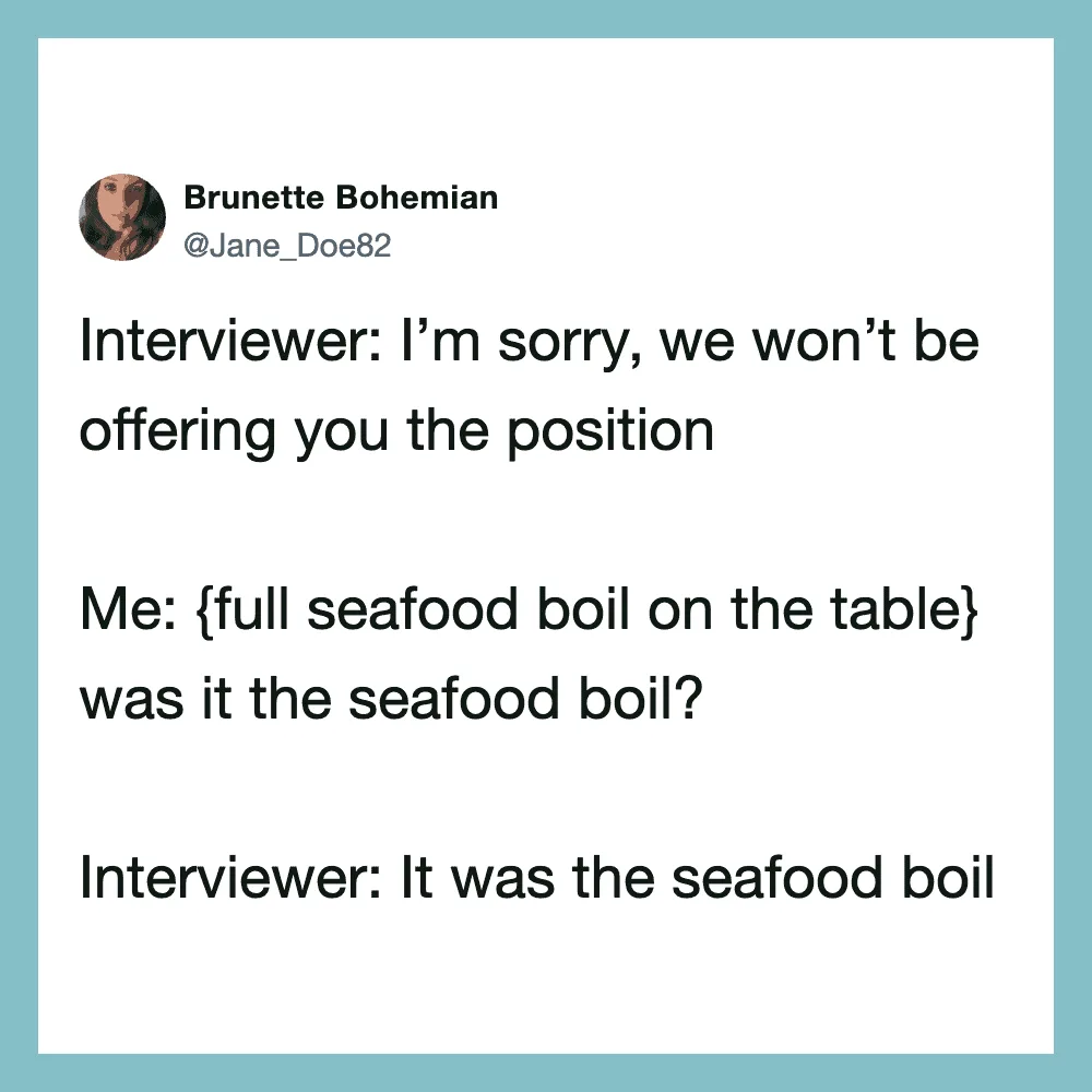 Twitter post by Brunette Bohemian about a seafood boil misunderstanding.