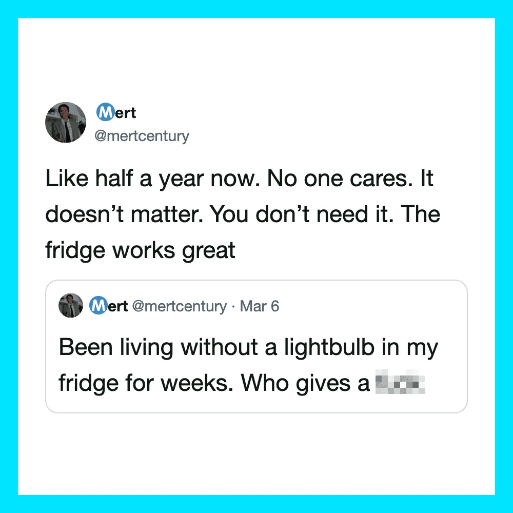 Twitter screenshot of a tweet about living without a lightbulb and fridge issues.