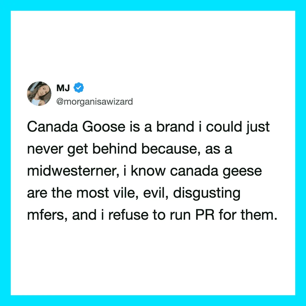 Twitter post by MJ about Canada Goose and midwesterners.