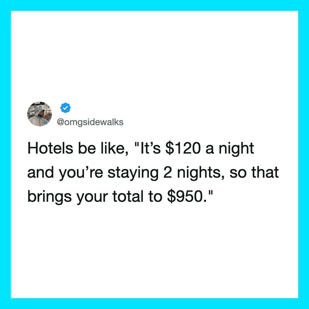 Twitter post about hotel pricing and stay duration.