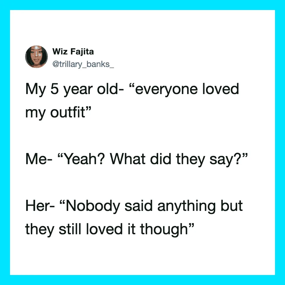 Twitter post about a 5-year-old's outfit and reactions from others.