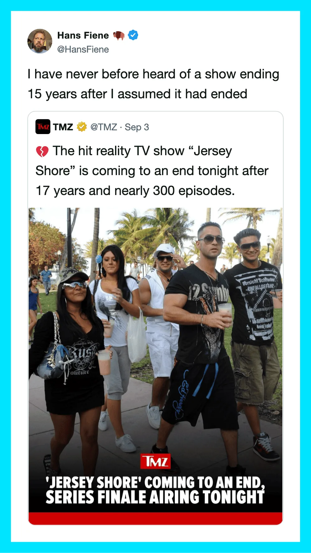 Group of people outdoors, some wearing sunglasses, with palm trees in background.