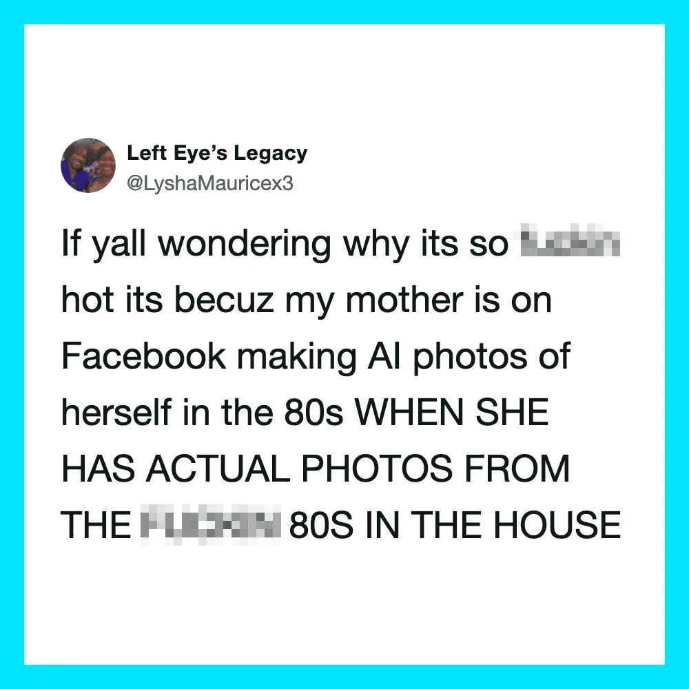 Twitter post about AI photos of mother in the 80s and Facebook making AI photos of herself.