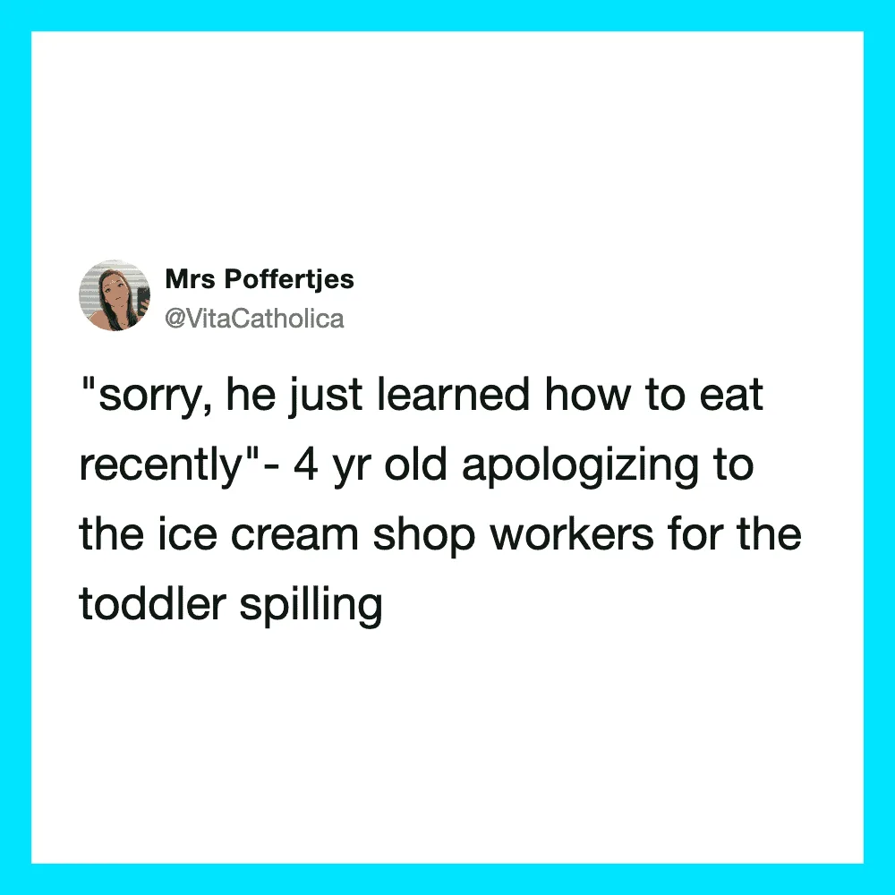 Mrs Poffertjes tweet about a 4-year-old learning to eat recently and apologizing to ice cream shop.