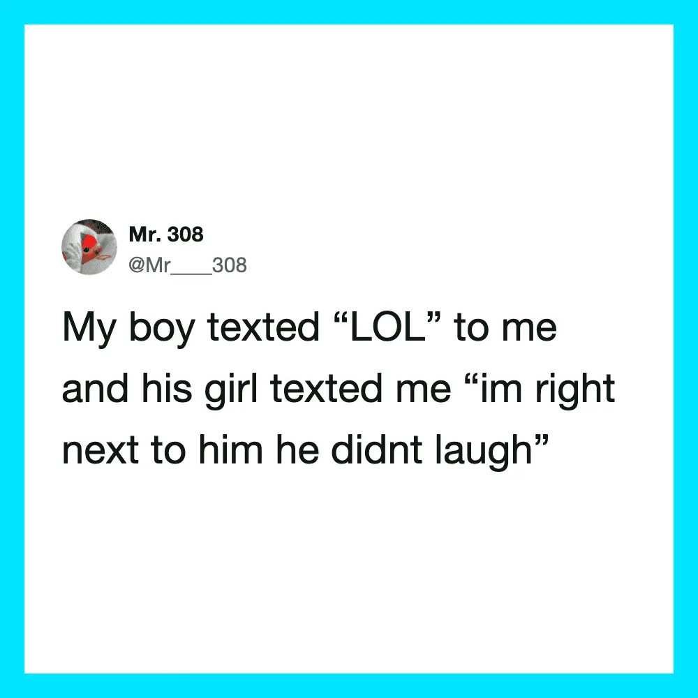 A tweet from Mr. 308 about his son's texting humor.