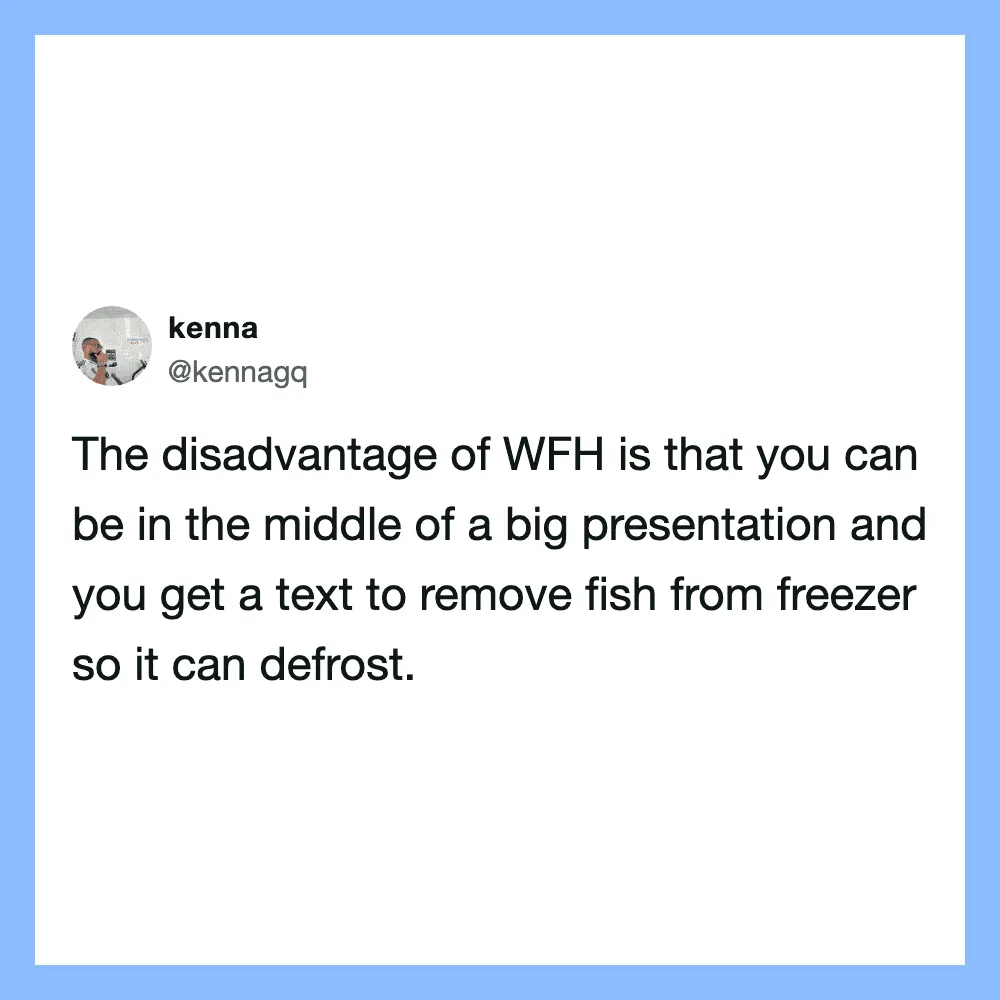 Tweet by kenna about the disadvantage of WFH and freezing fish.