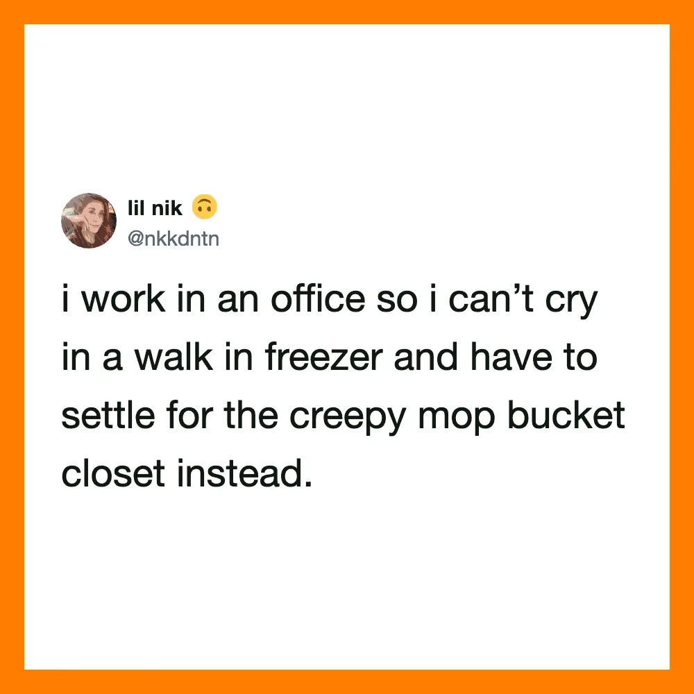 Work tweet about office life, crying in a freezer, and using a mop bucket closet.