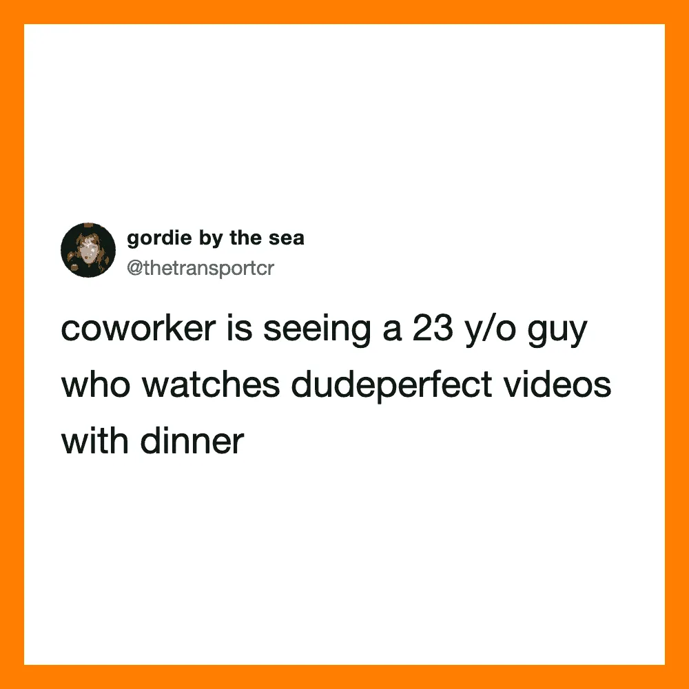 Coworker sees a 23-year-old guy watching dudepperfect videos with dinner.