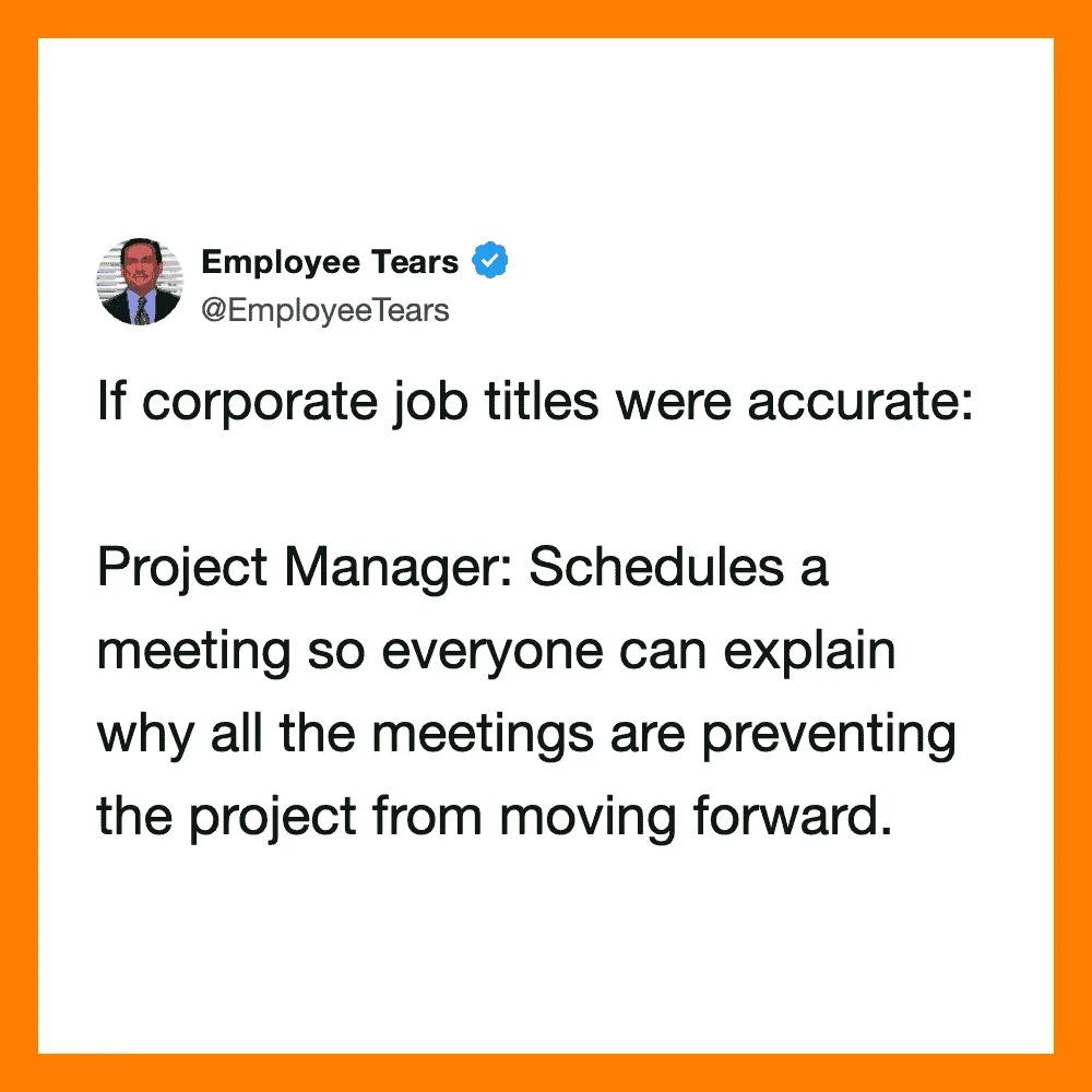 Employee Tears tweet about project manager scheduling meetings to explain delays.