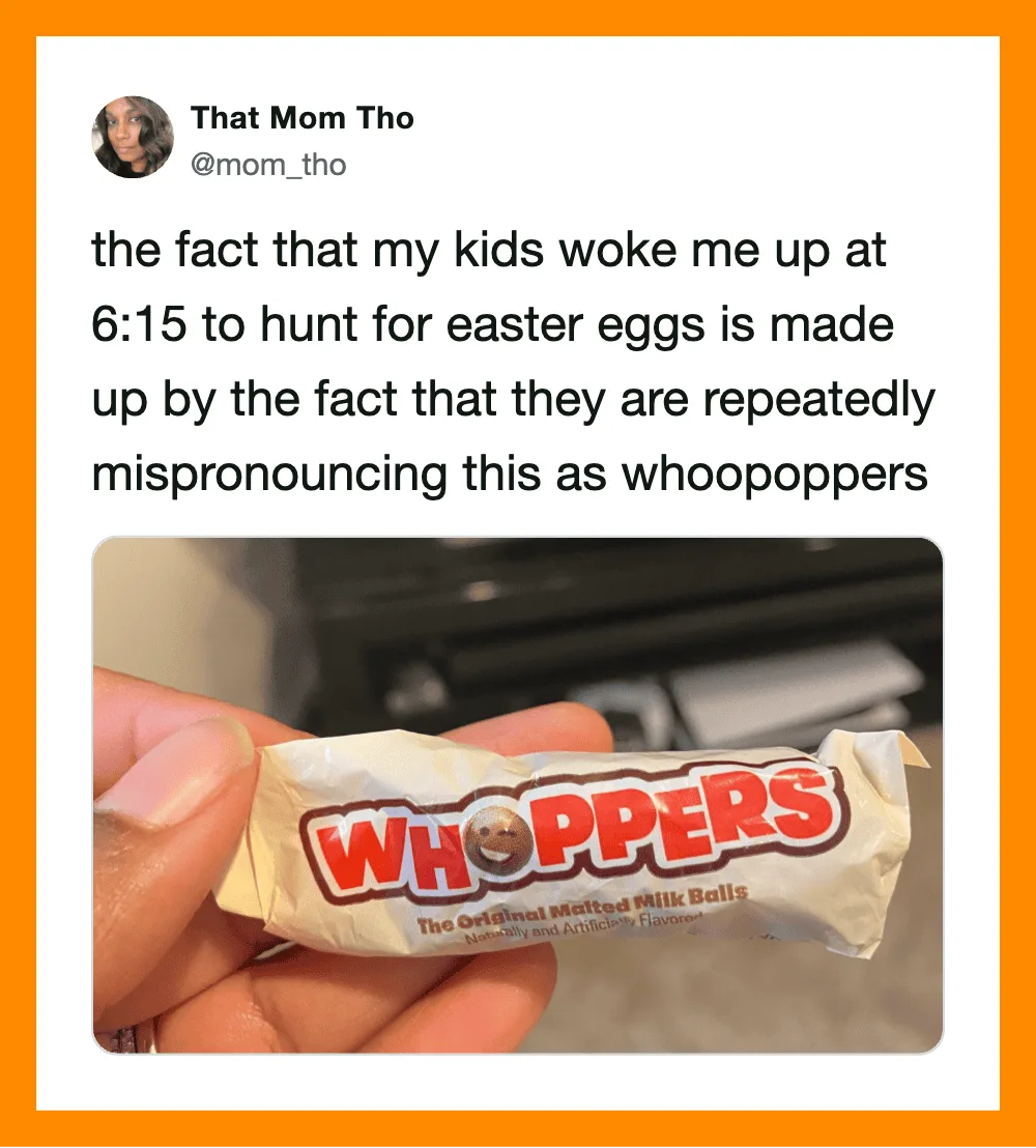 A person holding a Whoppers chocolate snack with a tweet about kids mispronouncing Easter eggs.