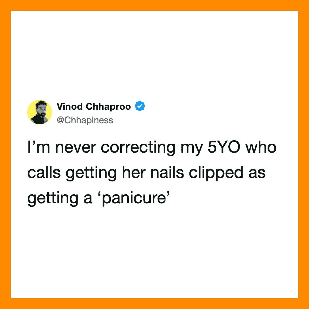 Vinod Chhaproo's tweet about not correcting his 5-year-old's nail clipping.