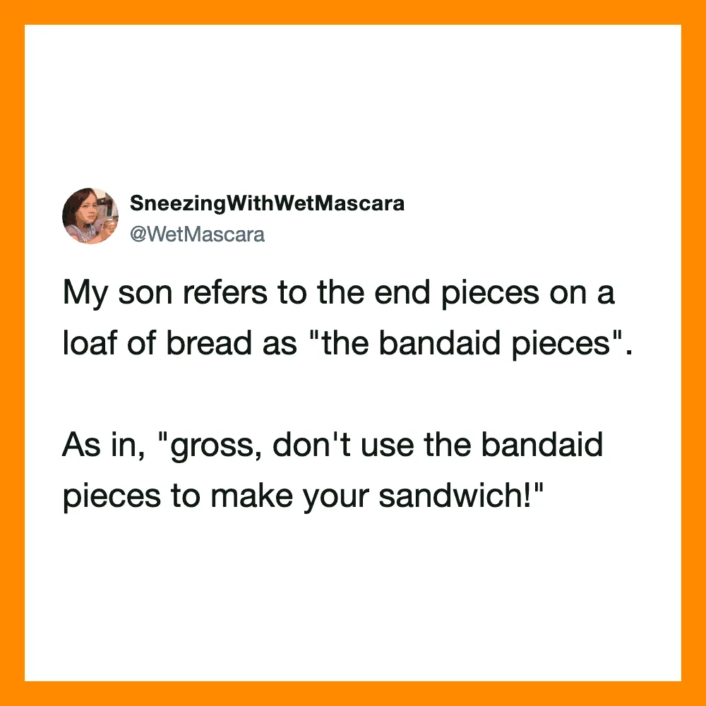 Parent's tweet about son calling bread end pieces 'bandaid pieces' and advice not to use them.