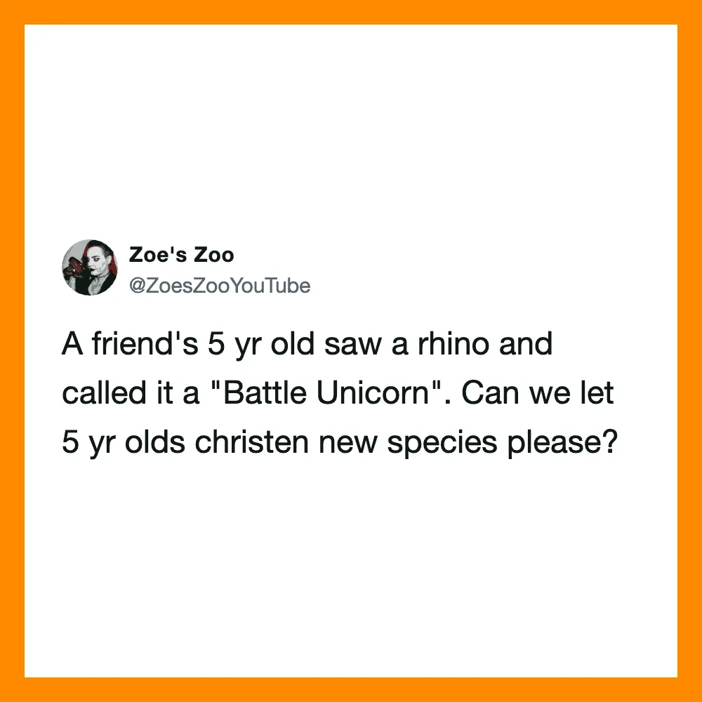 A social media post about a child's creative name for a rhino as 'Battle Unicorn'.