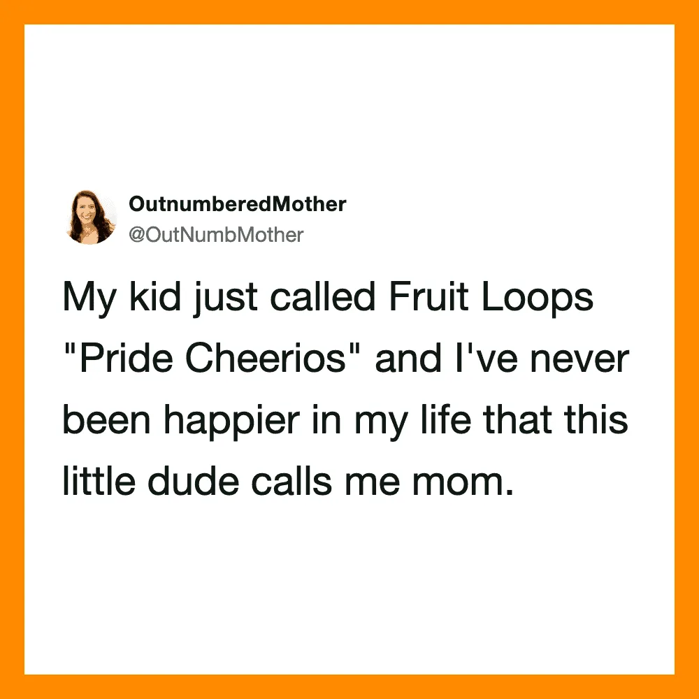 Child calls fruit loops 'Pride Cheerios' in a tweet about kids' funny names.