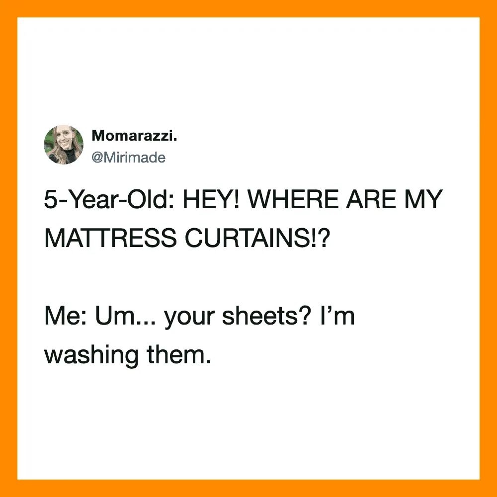 Child asking about mattress curtains, parent washing sheets.