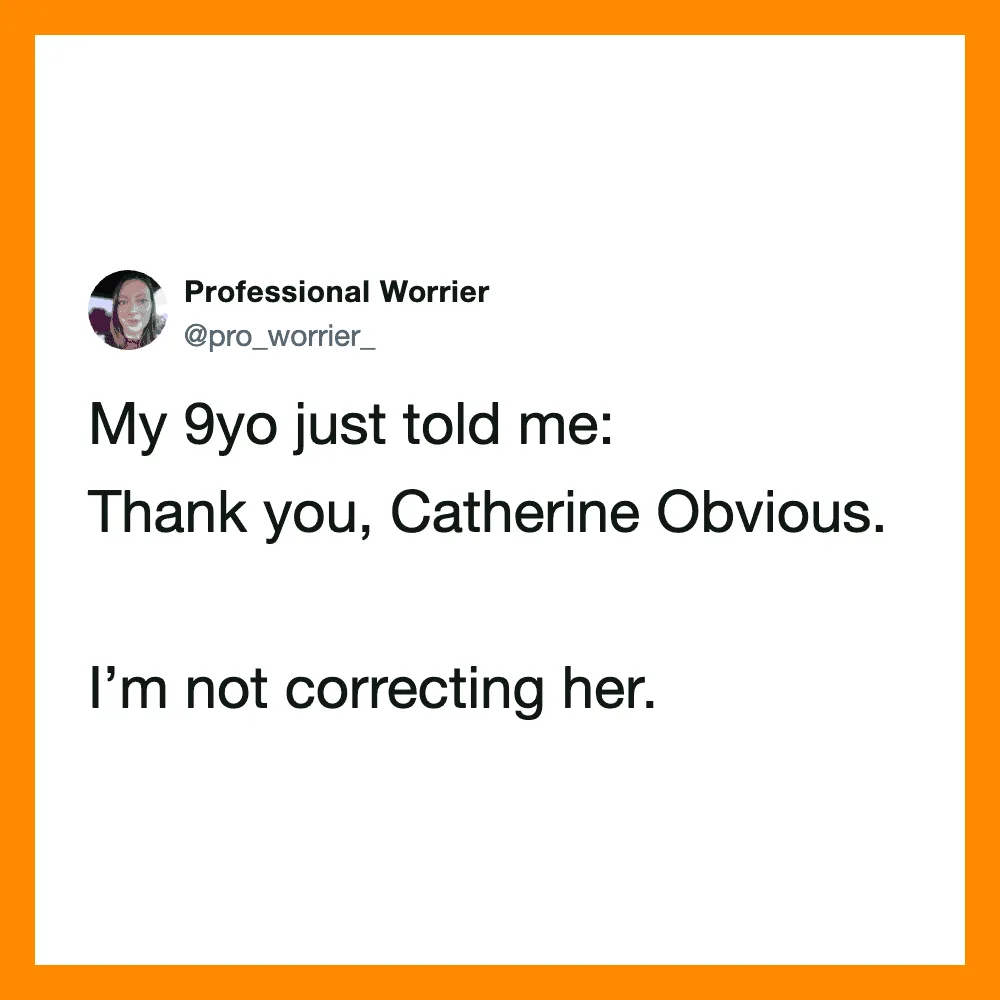 A tweet from Professional Worrier thanking Catherine Obvious, with a humorous tone.