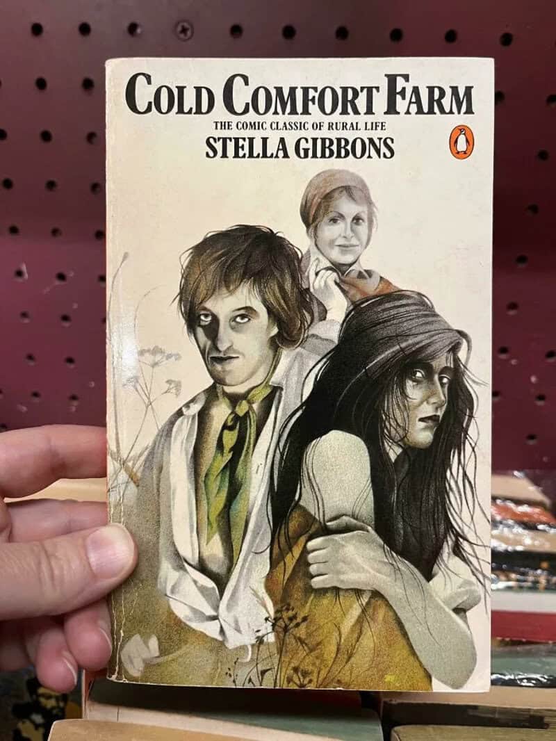 Cold Comfort Farm book cover with illustrated characters, by Stella Gibbons.
