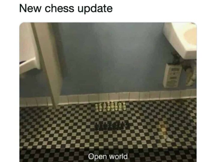 New chess update with a line of chess pieces on a checkered floor.
