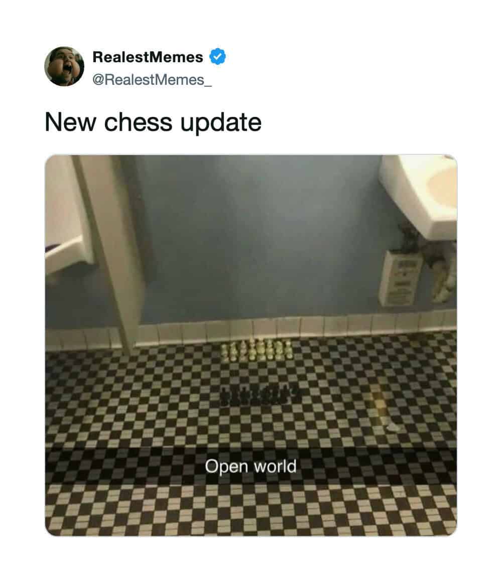 New chess update with a line of chess pieces on a checkered floor.