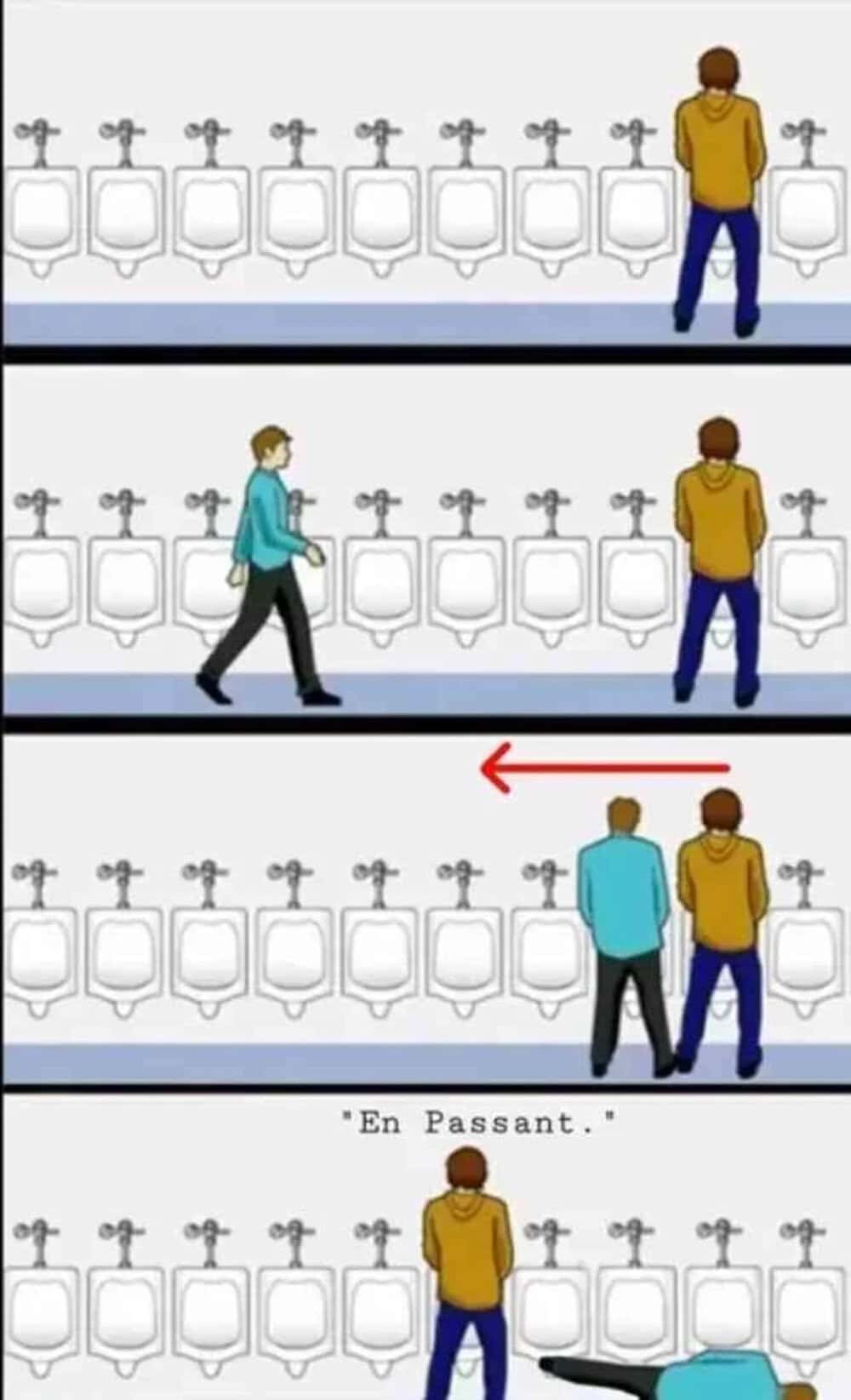 Two men in a bathroom line, one is passing by, the other is standing at the urinals.