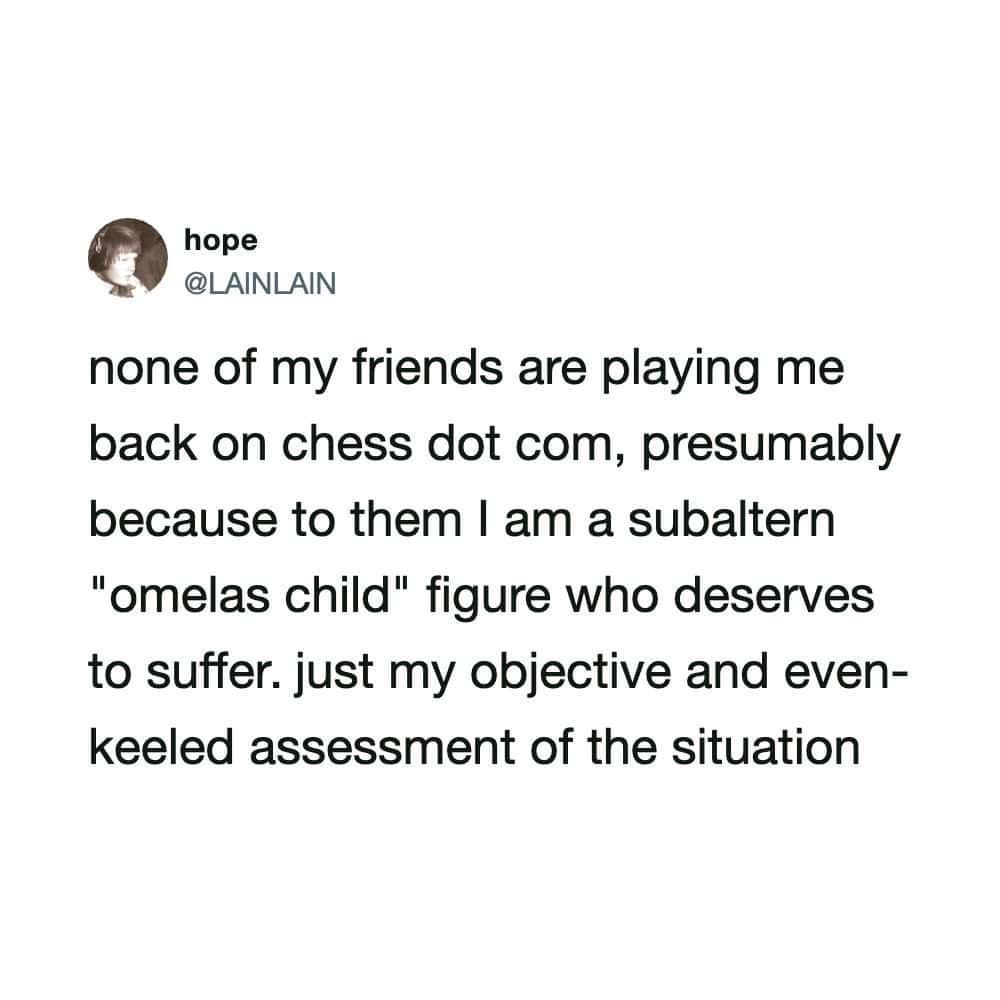 Hope's tweet about being ignored by friends on chess.com, calling himself a 'subaltern'.