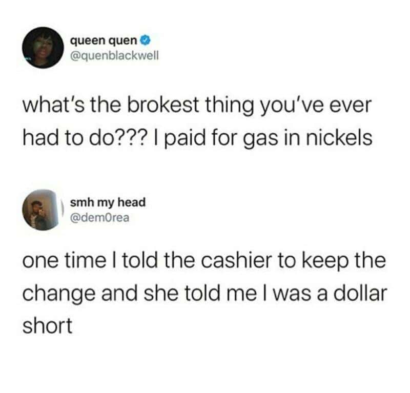 Twitter conversation about paying for gas in nickels and cashier's response.
