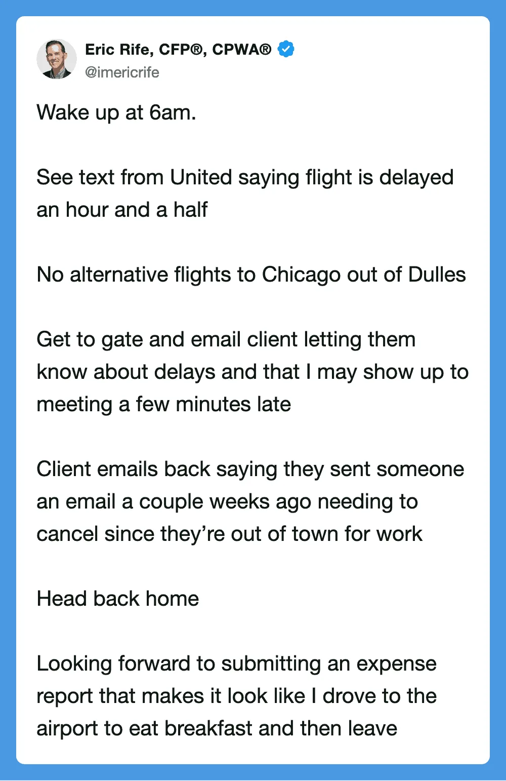 Text from a tweet about flight delays and travel plans.