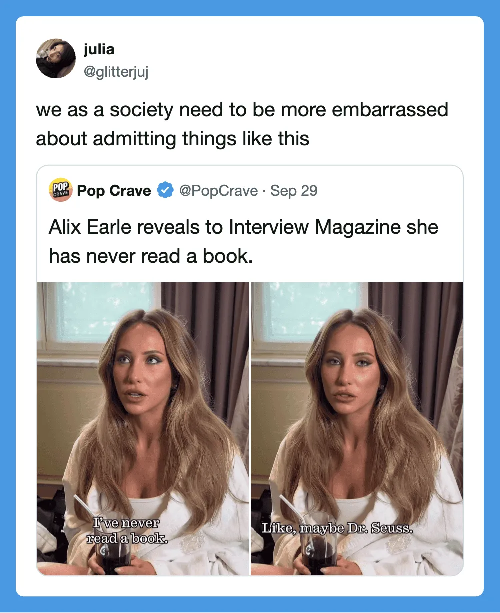 Two side-by-side photos of Alix Earle with caption about reading books.