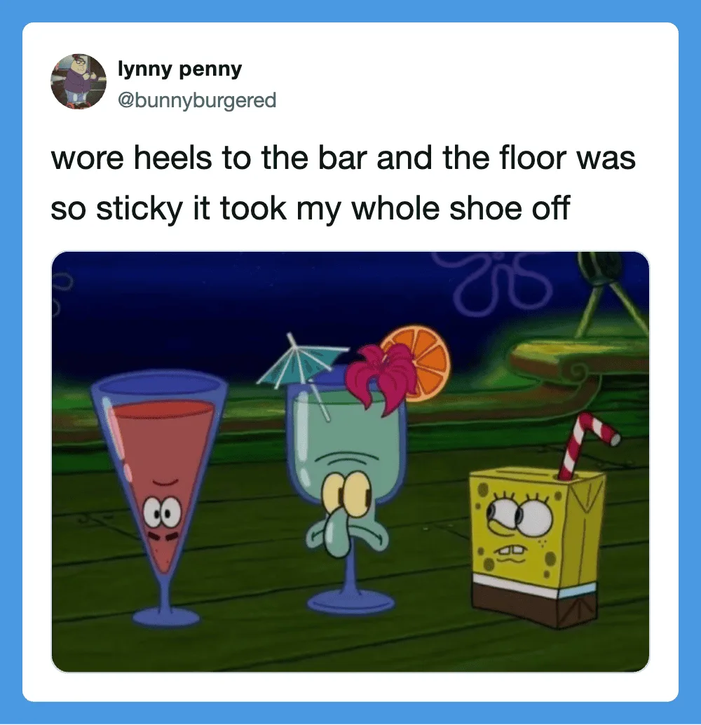 SpongeBob, Squidward, and SpongeBob's drink with a straw and umbrella, all with sad faces.
