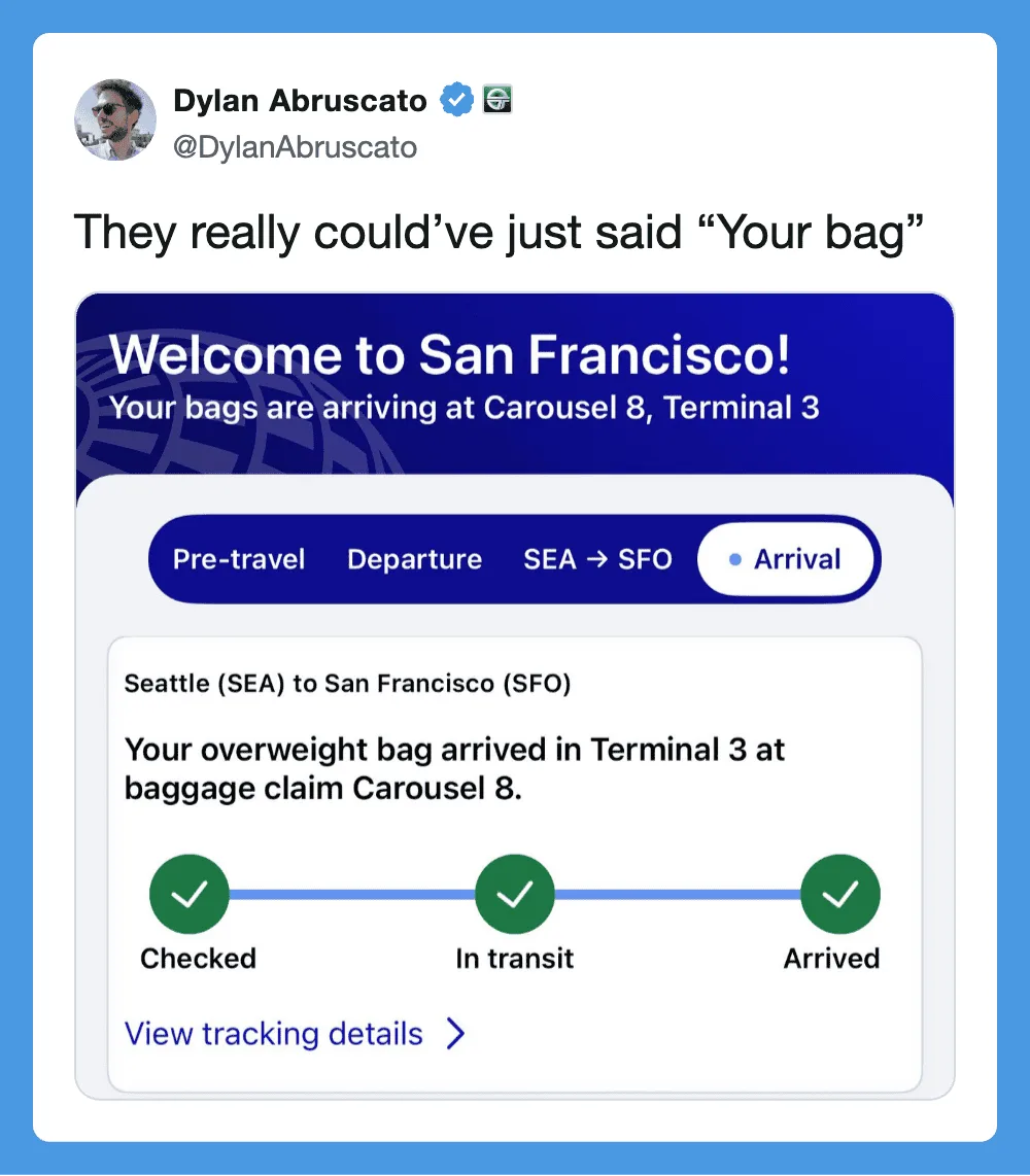Screenshot of a tweet about baggage claim at San Francisco Airport.