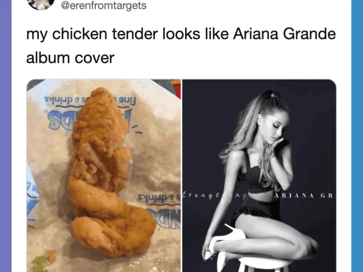 Chicken tender looks like Ariana Grande album cover, black and white photo of Ariana Grande.