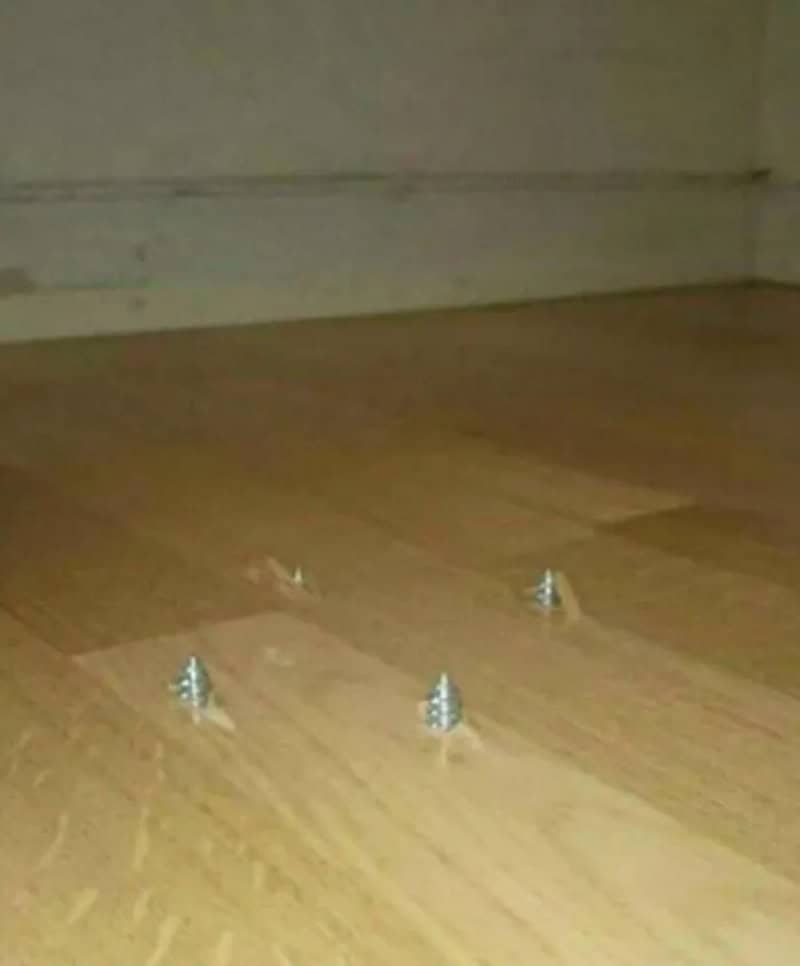 Screws on a wooden floor, part of a home improvement fail.