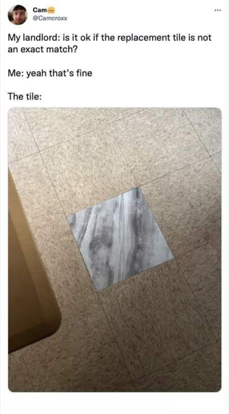 Landlord's question about tile replacement; shows mismatched tile.