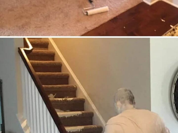 Person painting stairs with roller, messy paint on carpet and stairs.