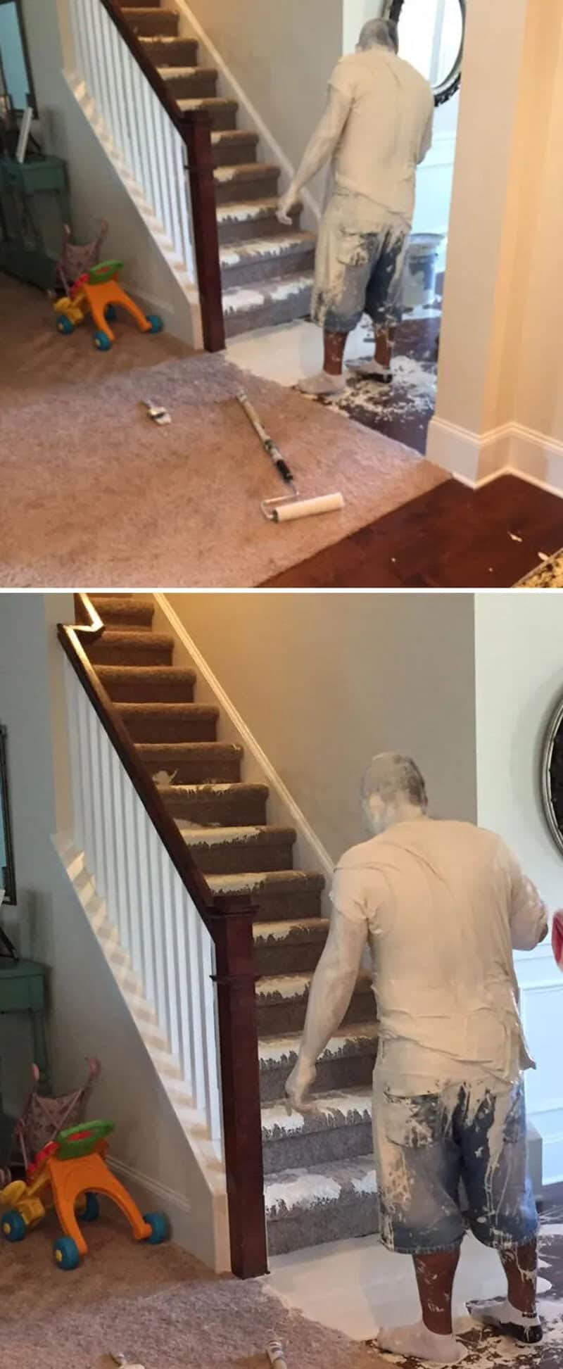 Person painting stairs with roller, messy paint on carpet and stairs.