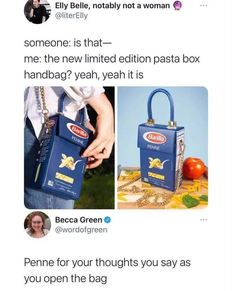 Penne pasta box designed as a handbag with a handle, resembling a purse.