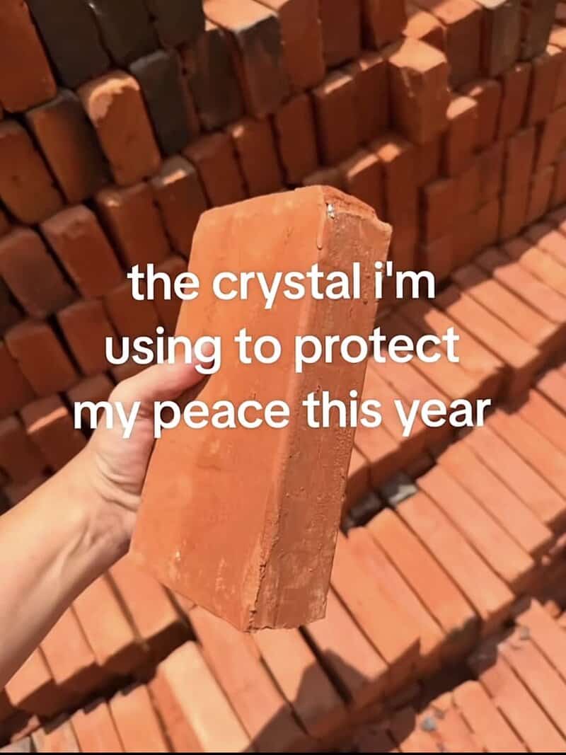 Person holding a brick with text: 'the crystal I'm using to protect my peace this year'.