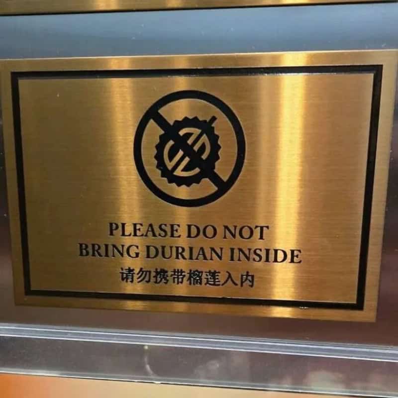 Please do not bring durian inside sign with a crossed-out durian icon.